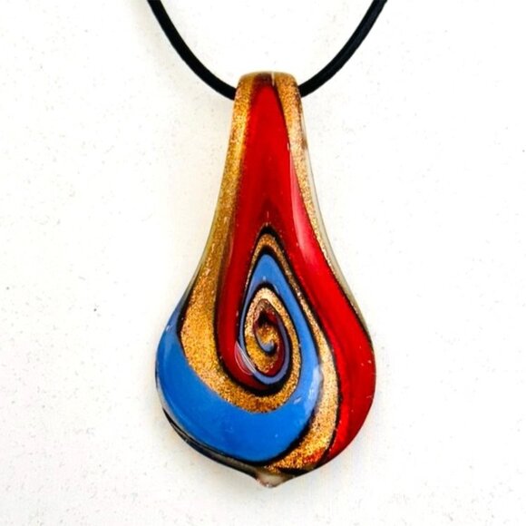 Glass Pendant Necklace Abstract Swird Design w/Gold Metallic Accents - Picture 2 of 4
